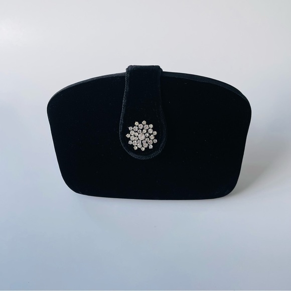 Vintage Velvet Purse Clutch Bag Rhinestone Bling Closure Crossbody Strap Black - Picture 6 of 7